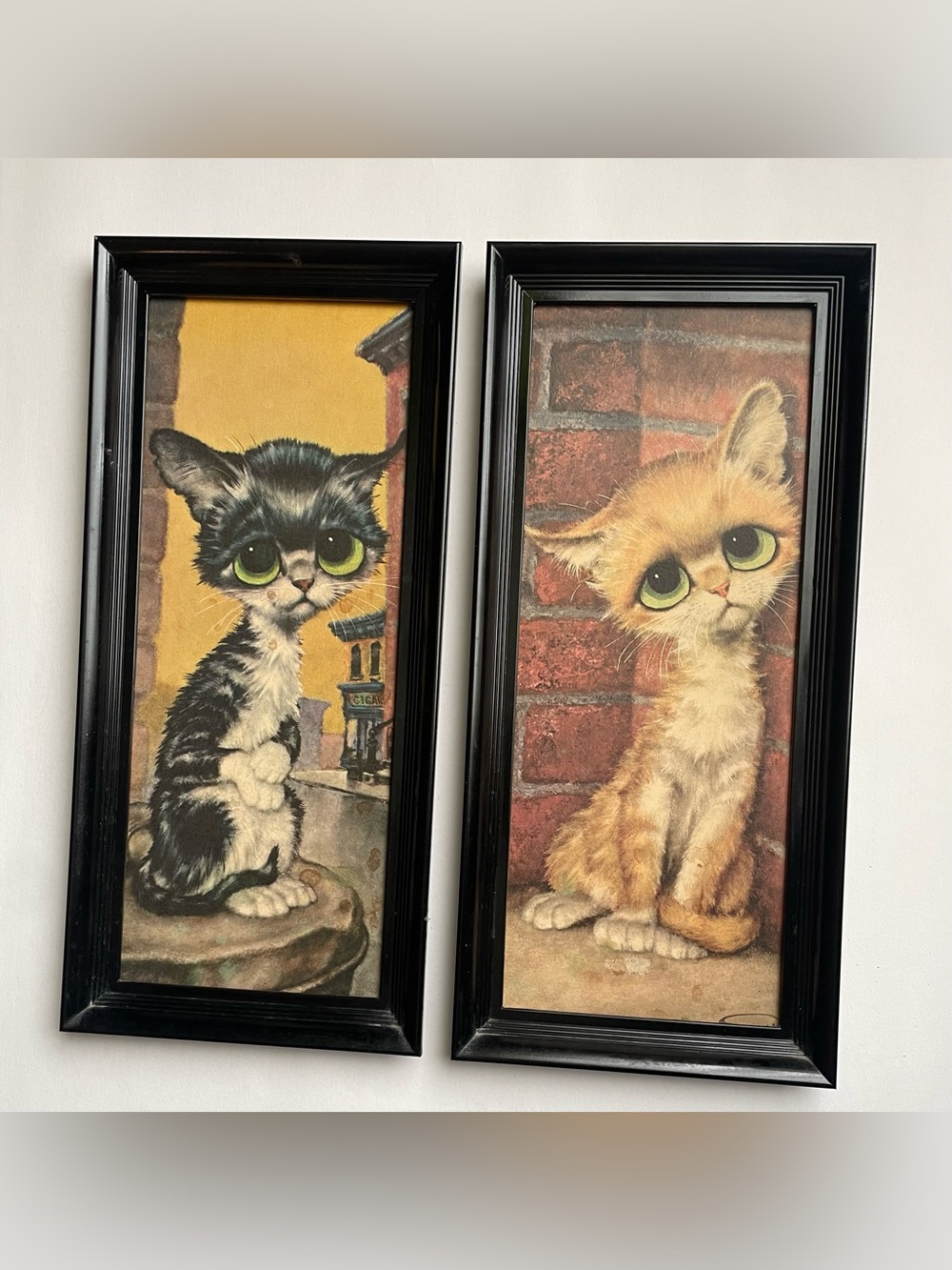 Vintage Framed Cute Big Eyed Cat Wall Art - Set of 2